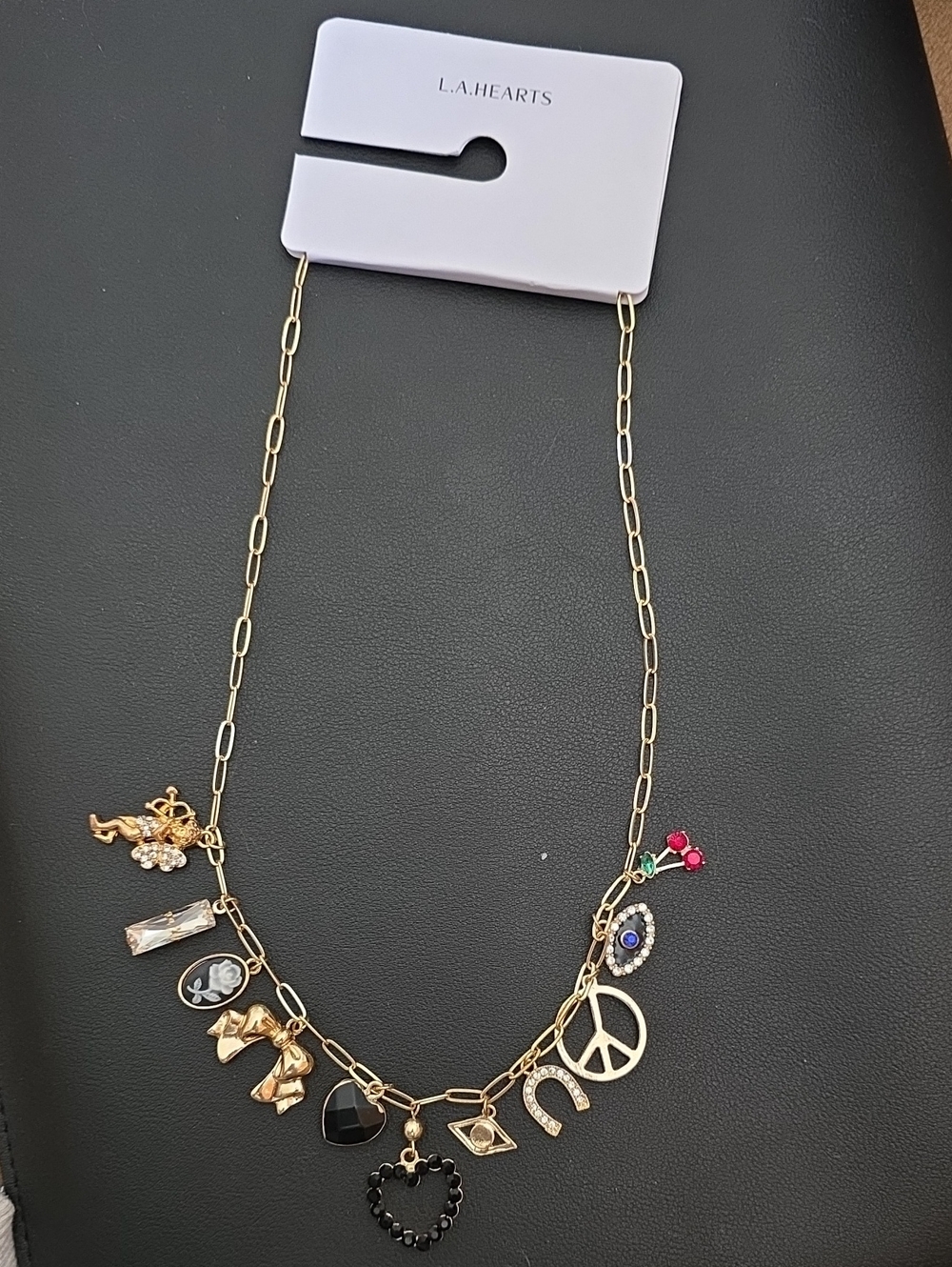 La Hearts Gold Multi-Charm Necklace - Heart, Peace & Gem Accents